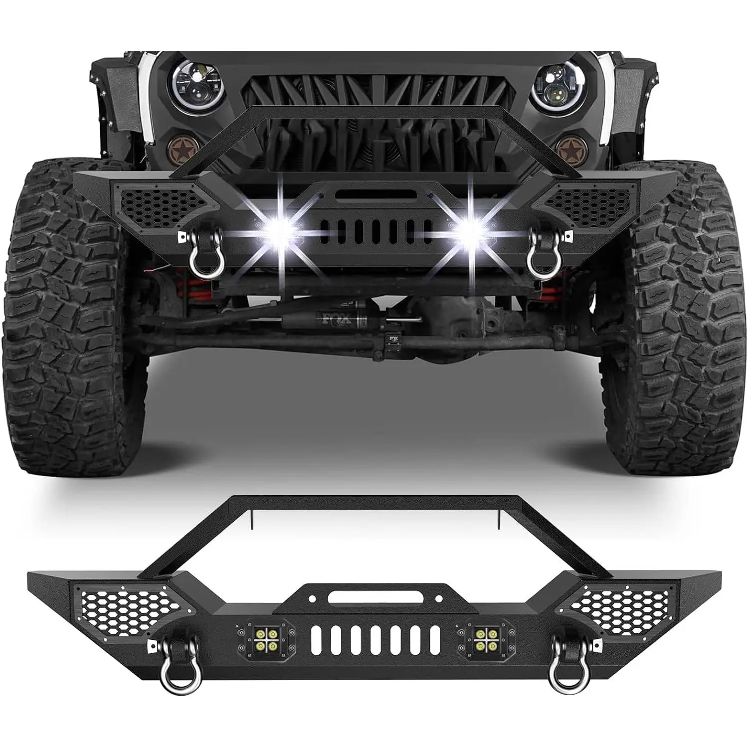 Full Width Steel Front Bumper for 2007-2018 Wrangler JK & Unlimited JKU – Heavy Duty Off-Road Rock Crawler Design – Winch Plate, D-Rings, LED Lights – Black Powder Coated – No-Drill Installation