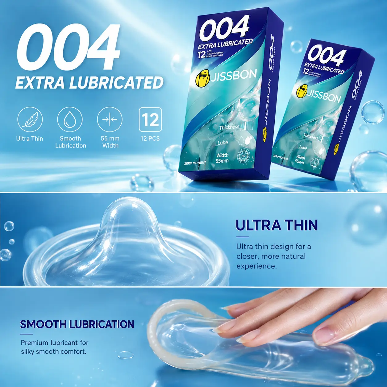 Jissbon Extra Abundant Lubricated Condoms, Natural Latex, Ergonomic Design, Thin Sheet, Super Silky, No Dryness, Skin-Friendly, Portable Box, Discreet Packaging for Comfortable Intimate Experience