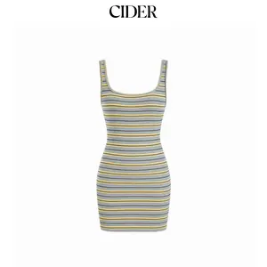 Cider High Stretch Textured Striped Square Neck Bodycon Mini Dress