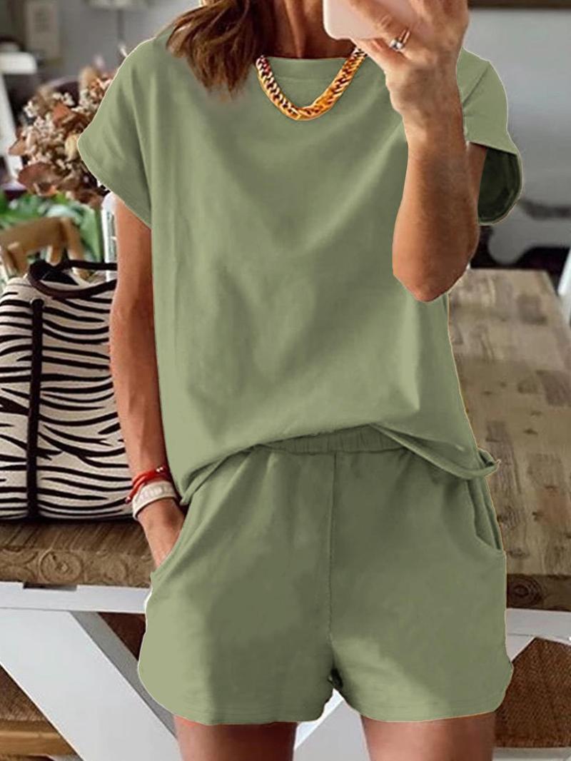 Women's Summer Short Sleeve Plain Set, Slim-Fit Natural Waist Design, Regular Length Pants & Tops, Perfect for Casual Wear