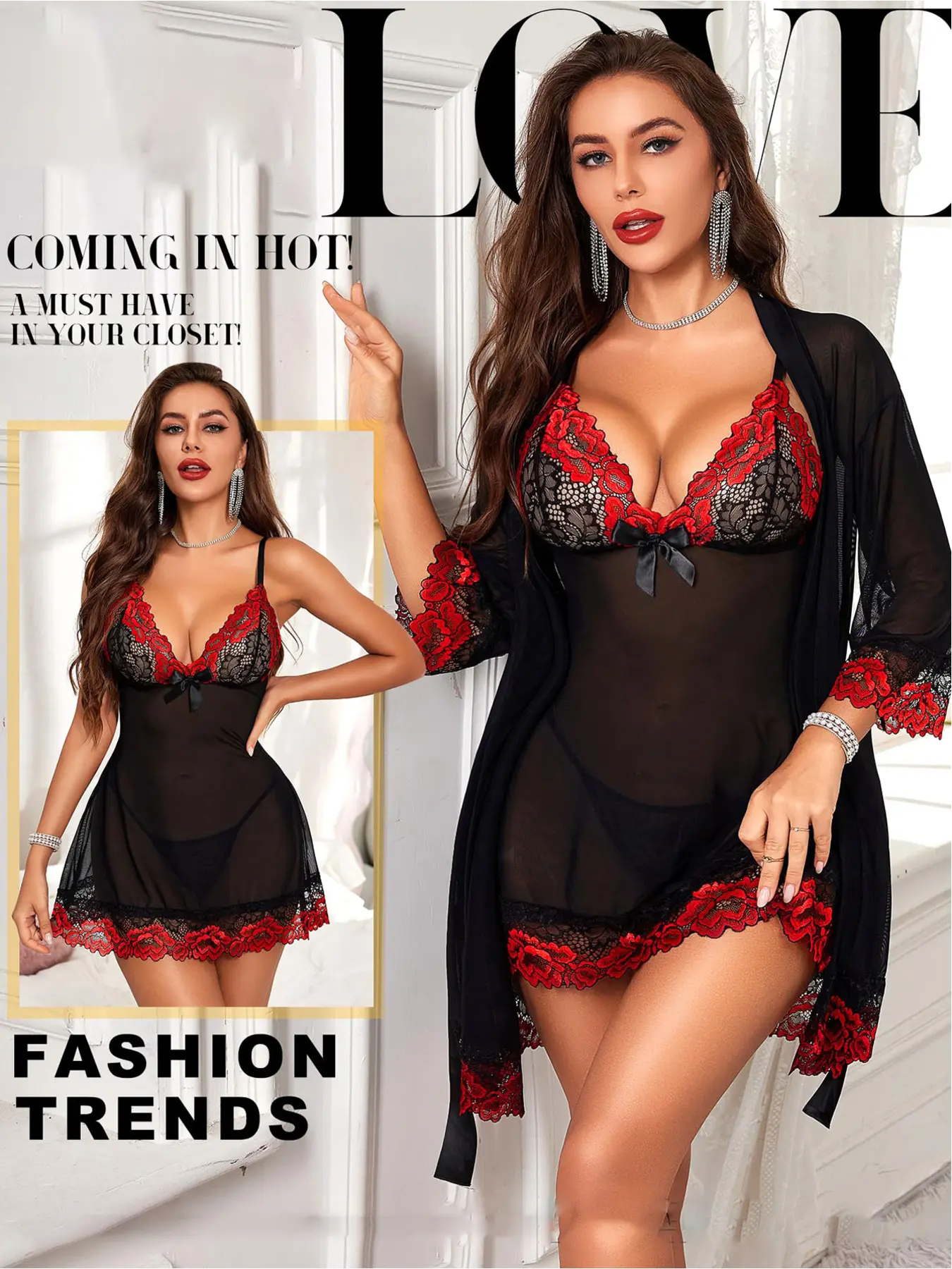 Women Sexy Elegant Lingerie Contrast Lace Set 4 Piece Babydoll & Lace Kimono Robe Strap Chemise Sleepwear Mesh Nightgown