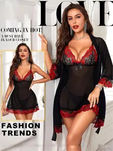 Women Sexy Lingerie Set 4 Piece Babydoll & Lace Kimono Robe Strap Chemise Sleepwear Mesh Nightgown