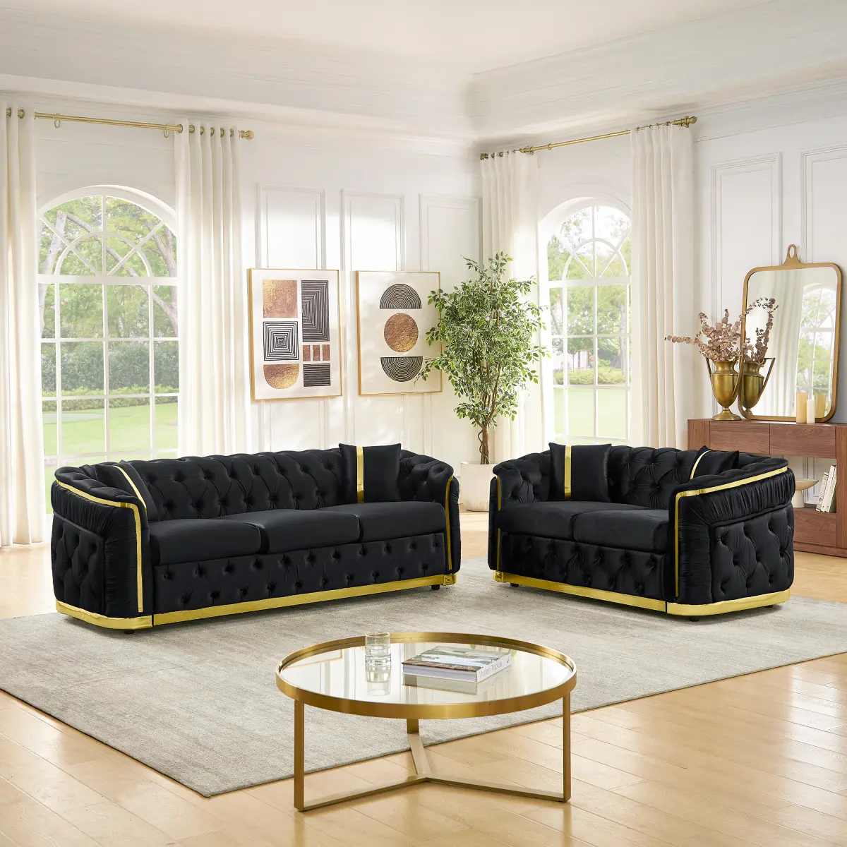 Indoor Furniture 2-Piece 3+2 Seats Chesterfield Sofa Set for Living Room - 84.6" 3-Seater, 62.6" Loveseat, Velvet Upholstery, Gold Stainless Steel Accents, 4 Pillows Included, Black