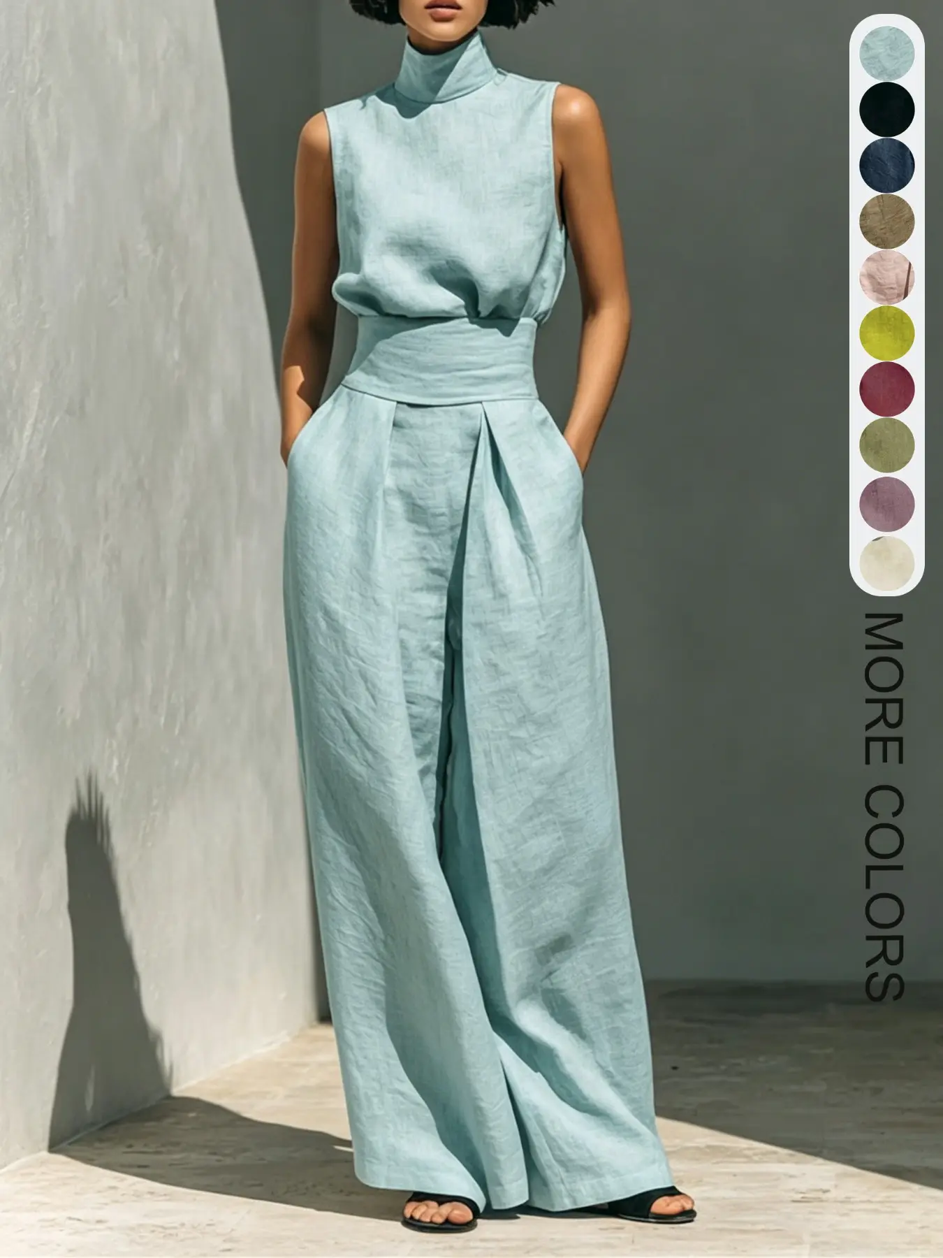Women's Four-Season Casual Basic Loose-Fit High Neck Solid Color Wide Leg Sleeveless Romper, Trendy Chic Streetwear for Home & Outdoor
