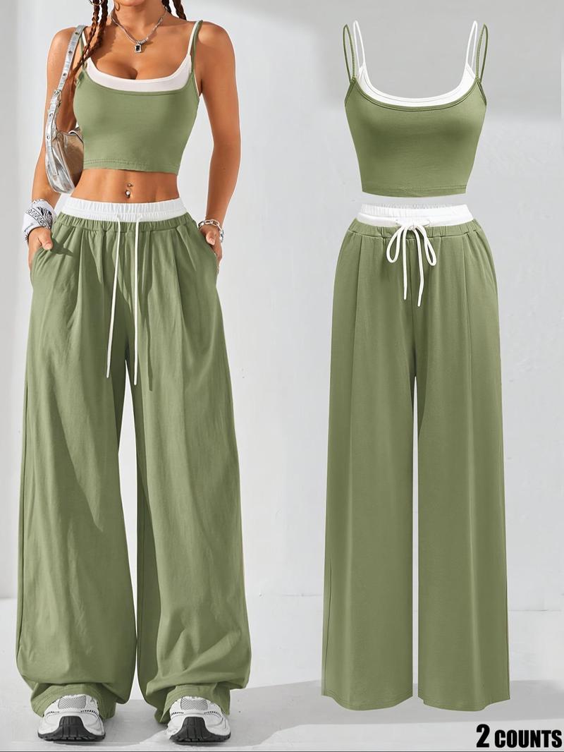 Two-Piece Set Women's Colorblock 2 in 1 Cami Top & Wide Leg Pants Set, Casual Sleeveless Top & Pocket Trousers, Ladies Summer Clothes, Casual Lounge Set
