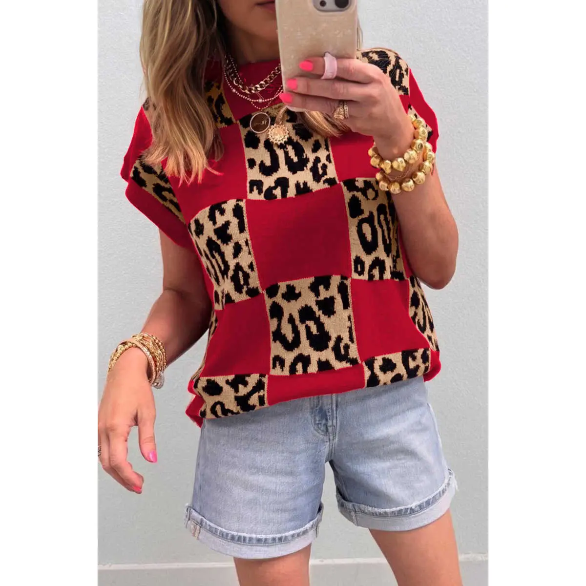 Women's Leopard Checkered Knit Sweater, Casual Shortsleeve Loose Fit Statement Piece, Trendy Knitting Top, Matching, Denim