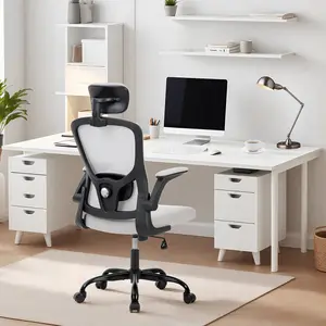 Ergonomic High-Back Mesh Office Chair – Adjustable 2D Headrest & Lumbar Support – Turn over-Up Arms – 360° Swivel Executive Desk Chair for Home Office, Bedroom, Study, or Small Spaces