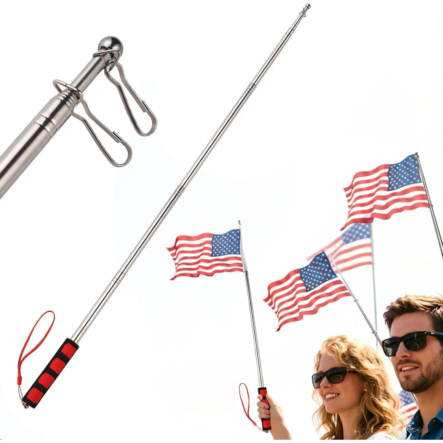 Telescopic Handheld Flagpoles with Clips Portable Flag Pole Lightweight Extendable Tour Guide Stainless Steel Banner Flag Pole Pointer for Teachers with Anti-Slip Grip (3.9ft Black and Red)