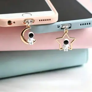 Anti-Dust Charging Port & Earphone Jack Plug, Astronaut Star & Moon Design Phone Charm Pendant, Summer Decorative Port Protector for Lightning iPhone, Multi-Functional Smartphone Accessories