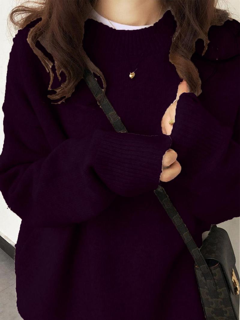 Women's Solid Drop Shoulder Long Sleeve Sweater Casual Fit Fashion Round Neck Pullover, for Fall & Winter, Women's Knitwear for Daily Wear, Gifts For Women