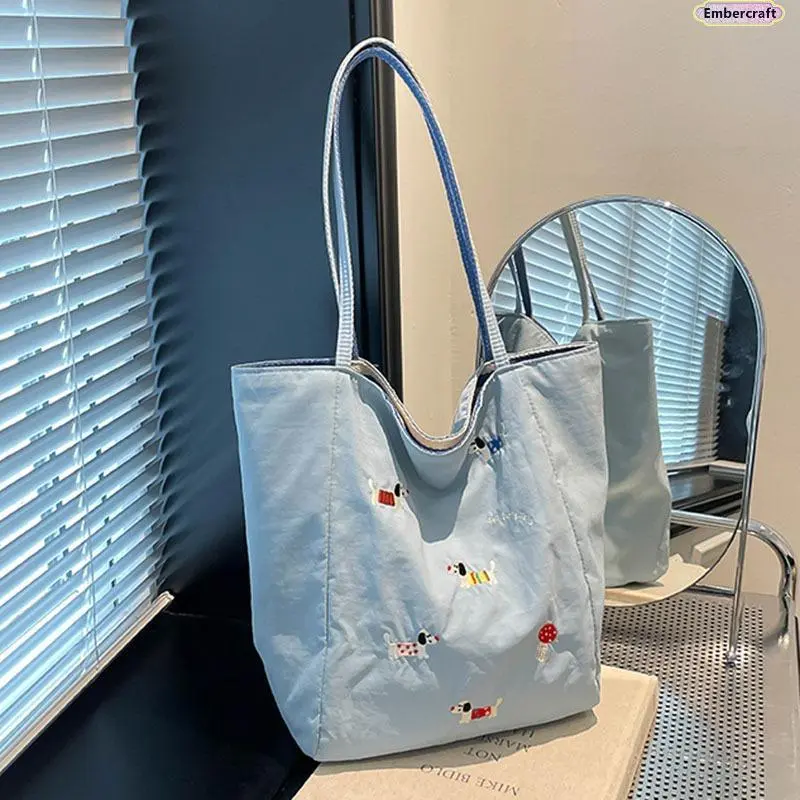 Embroidered Dachshund Tote Bag for Women, Cute Striped Canvas Shoulder Bag with Large Capacity Storage, Cozy Aesthetic Everyday Carry for Campus, Work, Shopping & Weekend Outfits, Everyday Bag