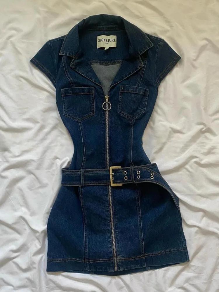American Retro Black Denim Short Dress Women Summer Zipper Elegant Slim One Piece Dress Korean Fashion Design Casual Clothing