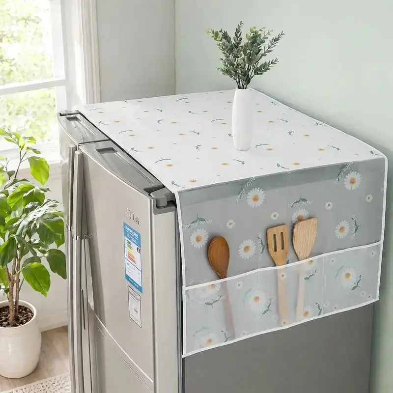 Refrigerator Dust Cover with Storage Pockets Waterproof Fridge Top Protector Kitchen Appliance Dustproof Cover 1 Pack