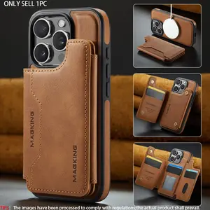 Men's Business 2-in-1 Leather Base + Magnetic Card Holder with Wireless Charging Support, MagSafe Compatible, Multi-Slot Card Holder, Phone Case Accessories, Phone Protector for iPhone 17, 14 Plus, Full Cover Anti-Drop, Shockproof Protection