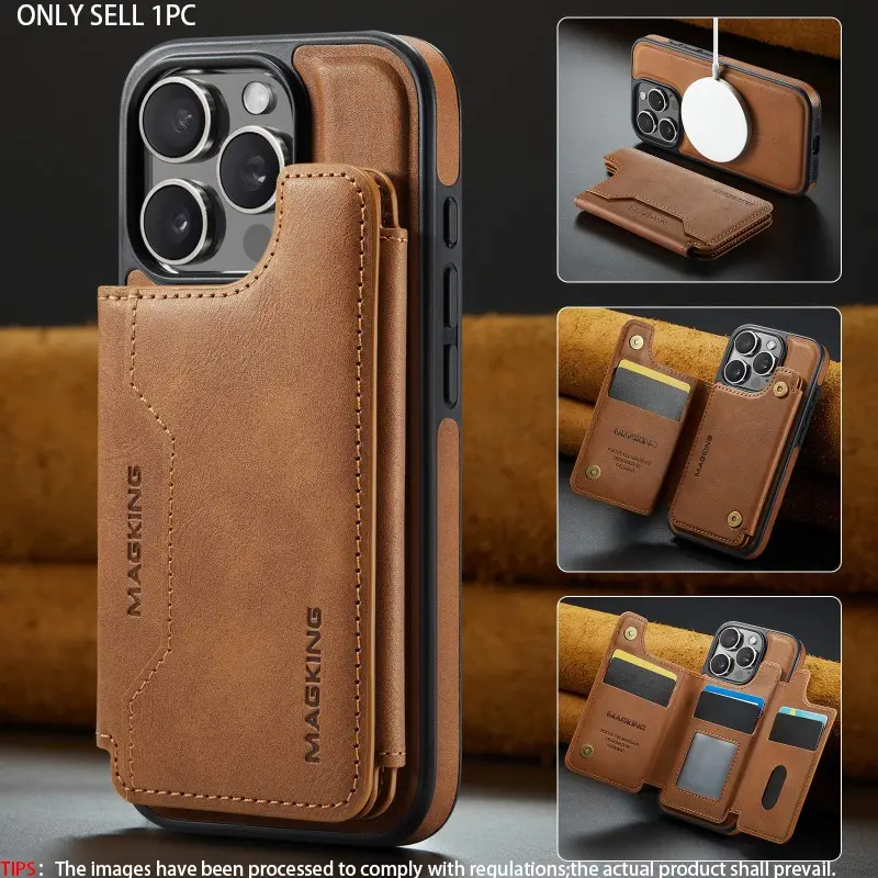 Men's 2-in-1 Leather Base + Magnetic Card Holder with Wireless Charging Support, MagSafe Compatible, Multi-Slot Card Holder, Phone Protector, Protective Smartphone Cover for iPhone 17, 14 Plus, Full Cover Anti-Drop, Shockproof Protection