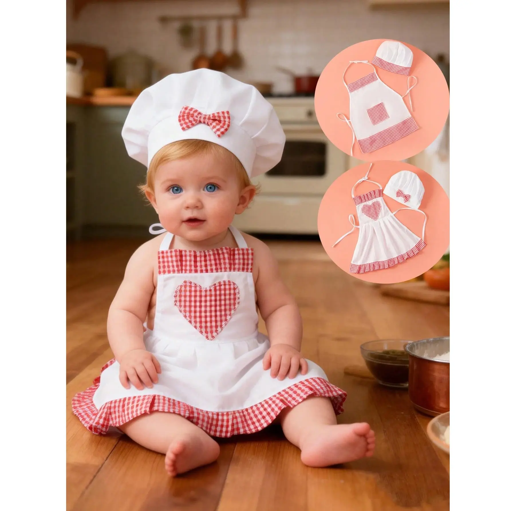 2pcs Red Plaid Adorable Baby Chef Cooking Outfit Set Kitchen Wear, Newborn Photography Prop, Includes Heart-Shaped Apron And Hat, Suitable For Studio Shooting, Costume