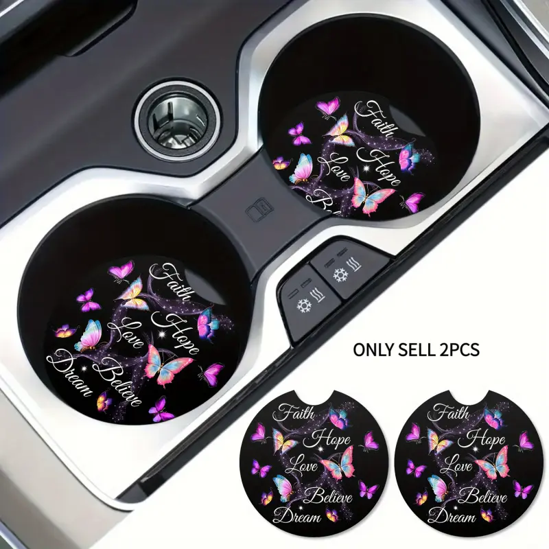 2pcs Set of Butterfly Pattern Car Coasters, with Easy-To-Grab Finger Grooves, Designed for Car Cup Holders, Holiday Gift 2D, Car Interior Accessories, Car Accessories Cute