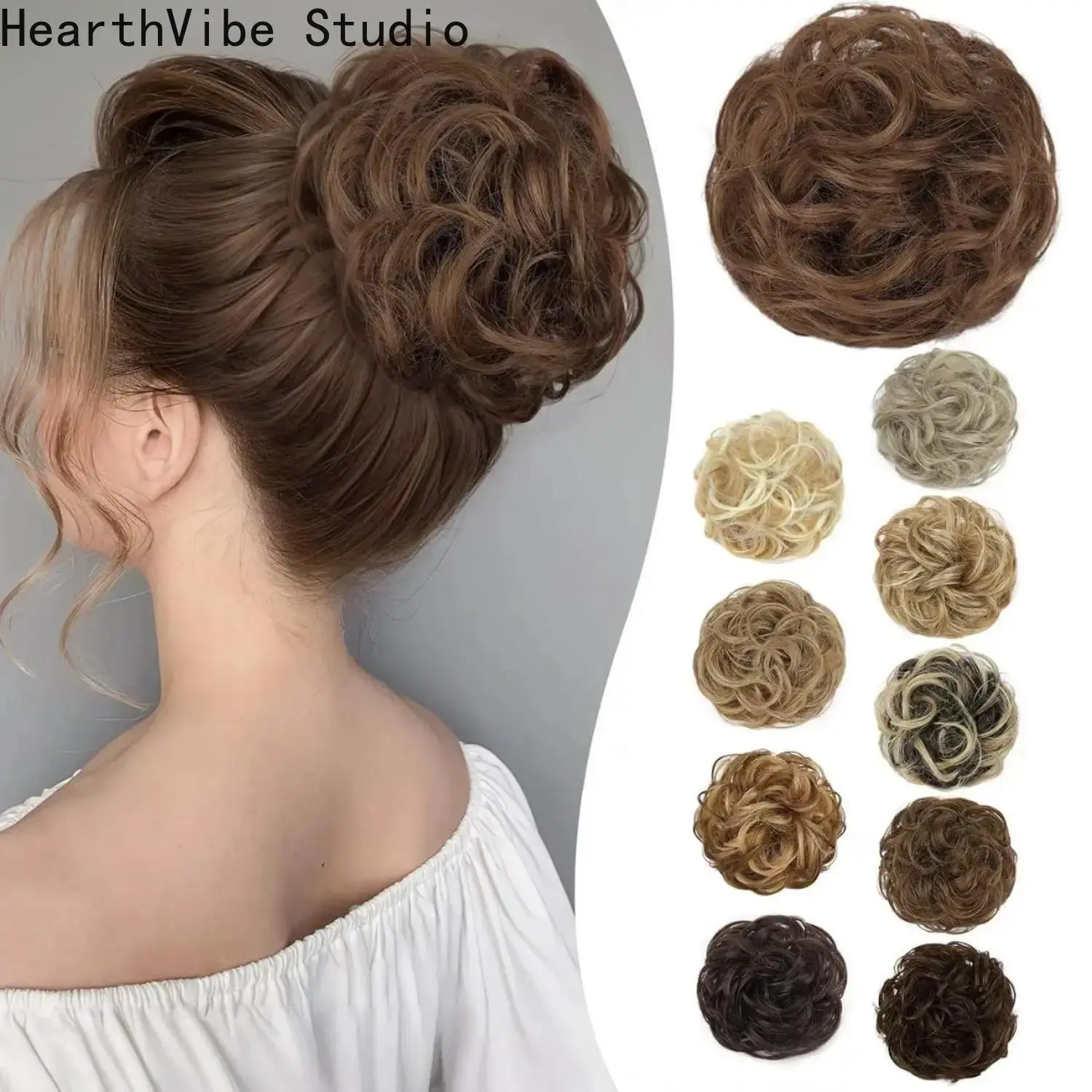 Iridescent Messy Bun Hair Piece, Curly Wavy Scrunchie Hair Extension, Fluffy Ponytail Updo Accessory for Women