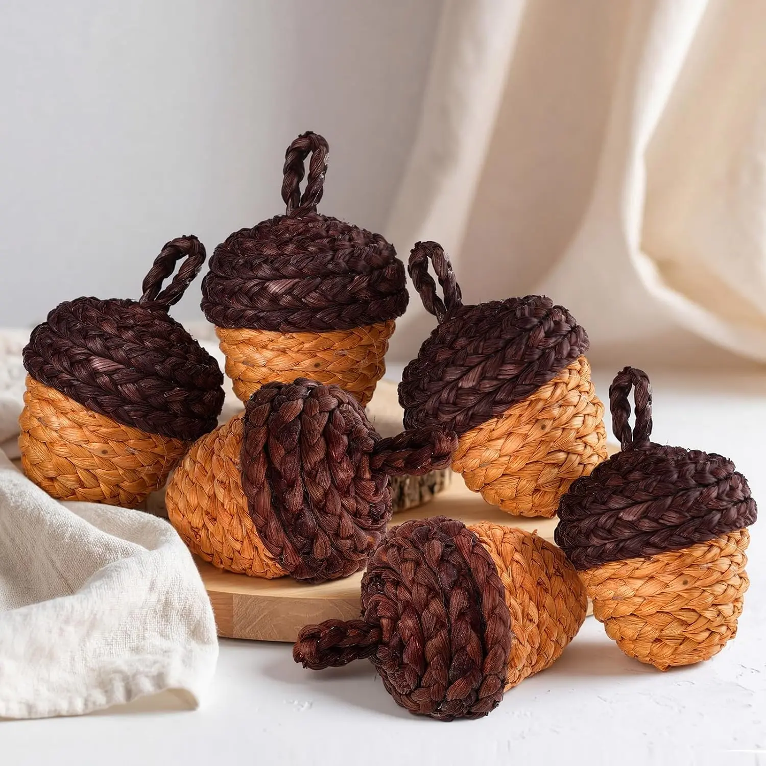 6 Pcs Fall Rattan Acorn Decor 4 Inch Woven Wicker Corn Husk Artificial Acorn Thanksgiving Table Centerpiece Fall Party Decoration for Rustic Farmhouse Bowl Filler Halloween Autumn Harvest Home