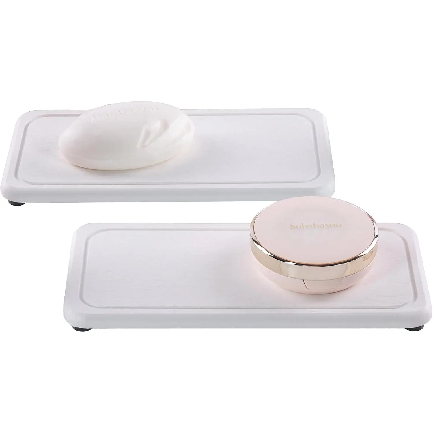 2 count Water Absorbing Stone Trays, Kitchen/Bathroom Sink Soap Dish, Diatomite Tray  for Hand Soap &  Bottles in The Modern , 4" W x 8.3" L, White