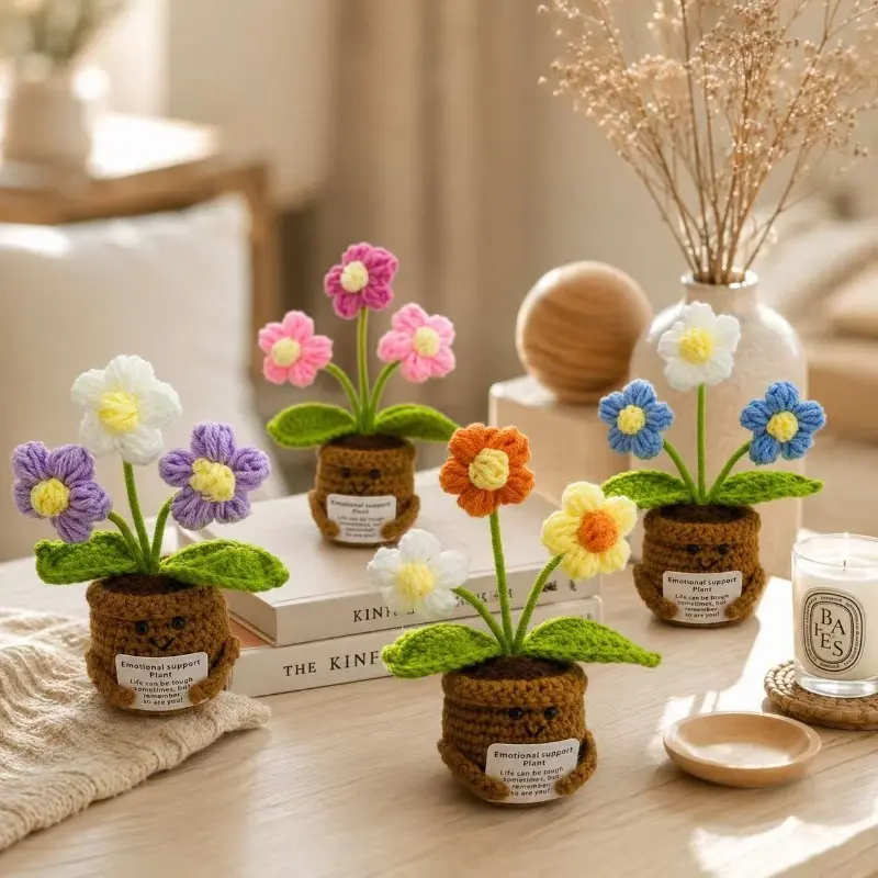 Handmade Crochet Flower Potted Plant Ornament Knitted Positive Emotional Support Sunflower Little FlowerThank You Gifts for Women  Flower Desk Tabletop Decorations Single Pack
