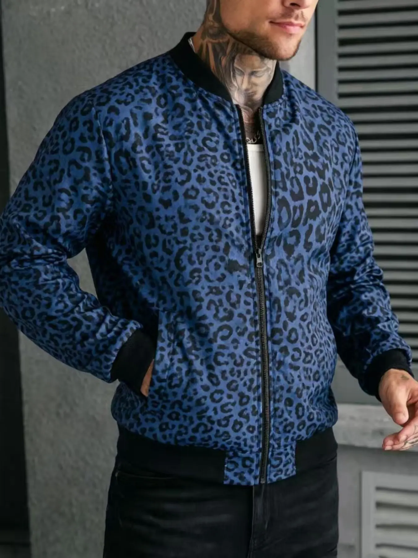 Men's Gothic Leopard Print Jacket, Long Sleeve Retro Motorcycle Style, Halloween Streetwear, Slim-Fitting Casual Fall Outerwear