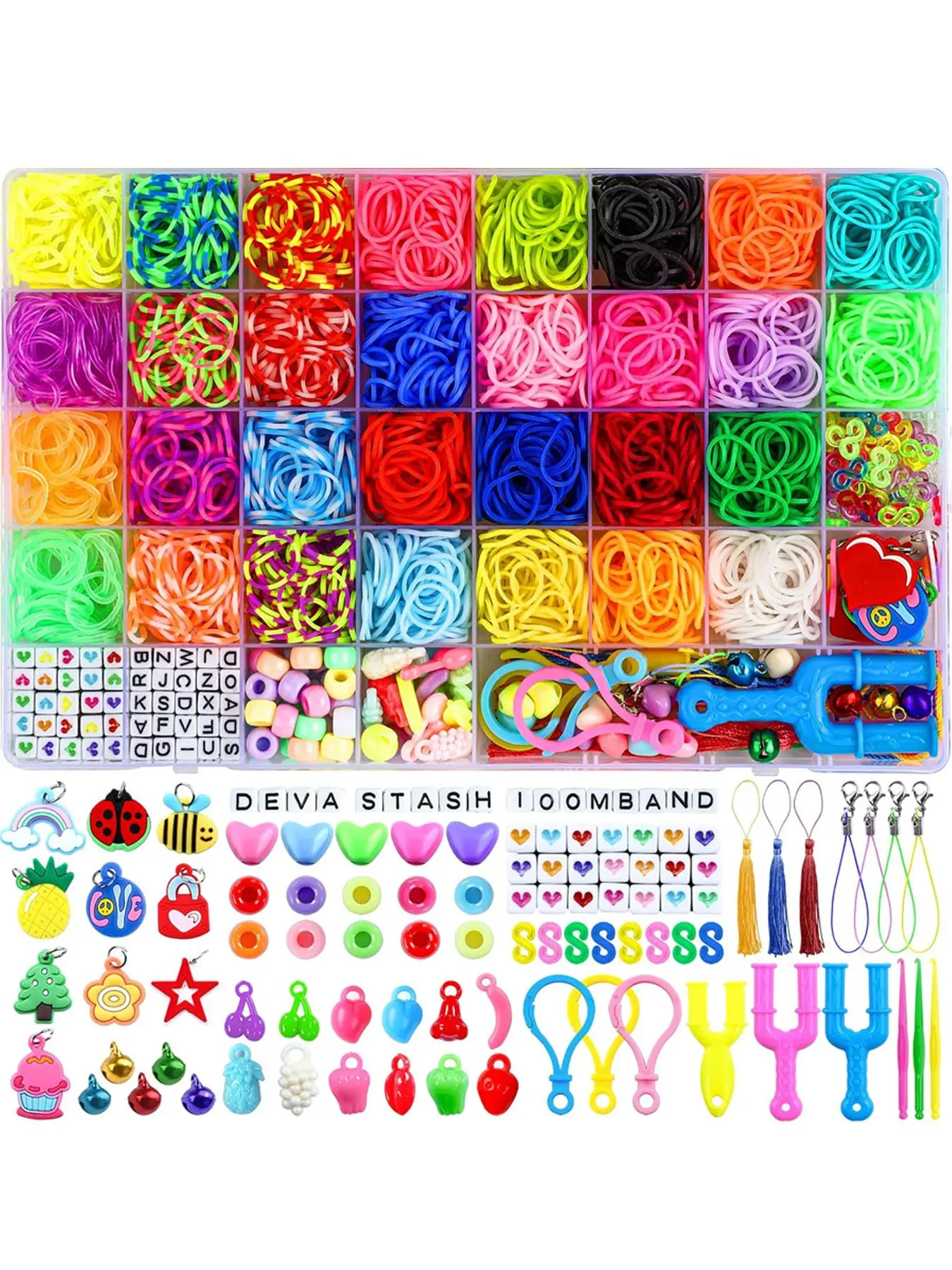 2900pcs DIY Jewelry Making Kit, Jewelry Making Supplies, 30 Colors, 40 Grid Box, Heart Beads, Loom Bands, Rubber Bands, Bracelet Set, Random Colors