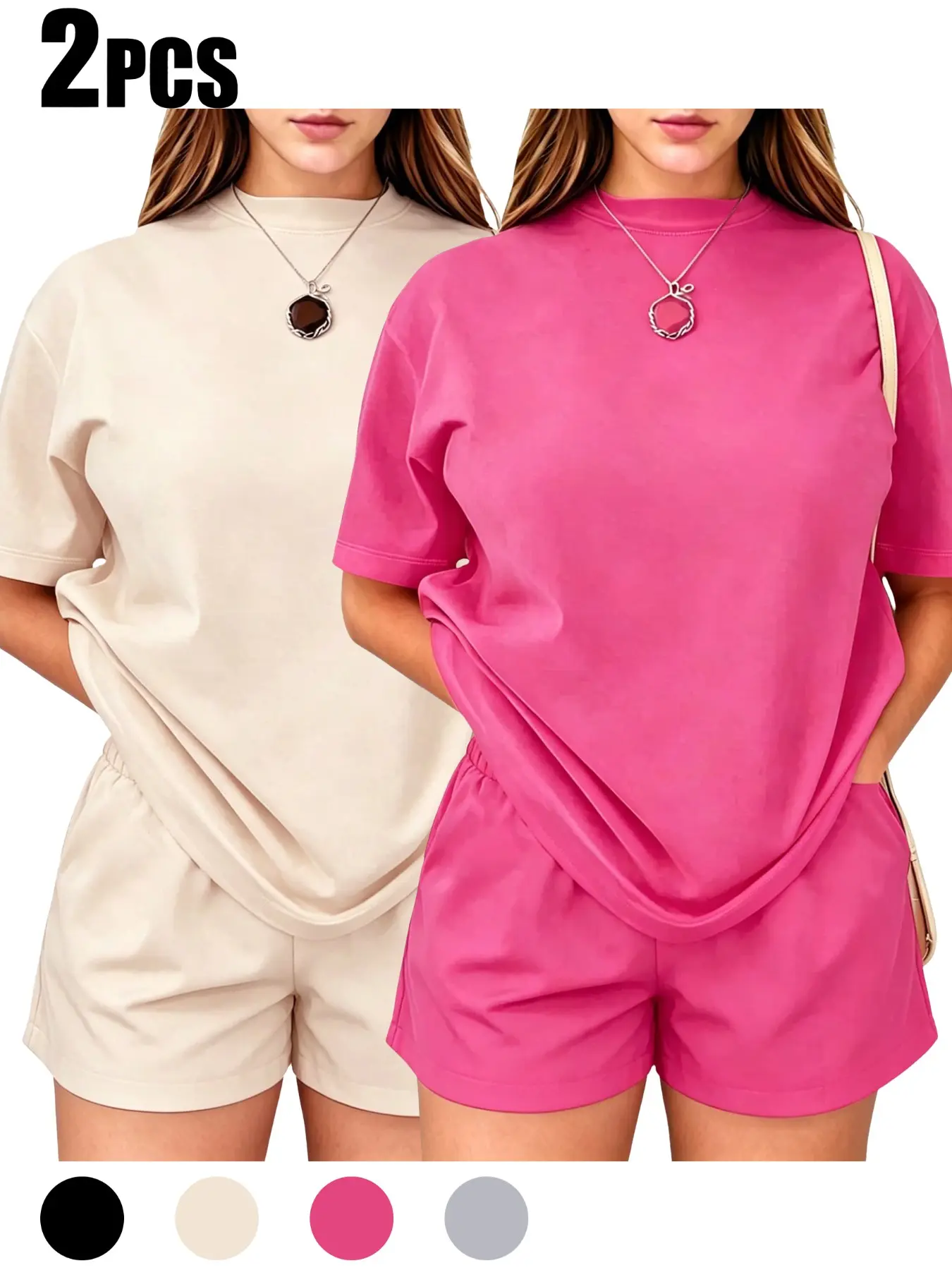Women's New Aesthetic Solid Color Short Sleeve T-Shirt and Shorts Set, Matching Summer Breathable Casual, Sweet Cool Lazy Style, Versatile Two-Piece Set, Clothes