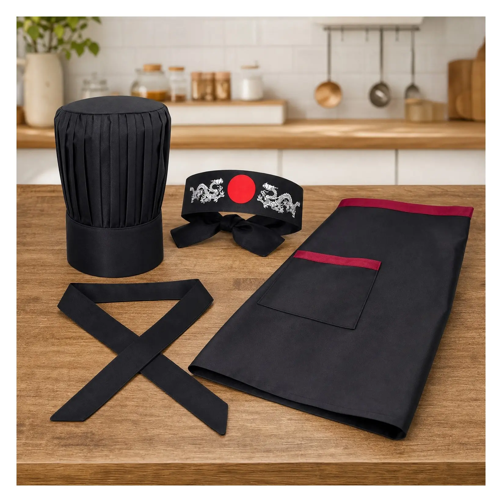 Hibachi Chef Costume Set with Tall Hat, Apron and Headband Tie for Japanese Cuisine Lovers and EnthusiastsGift