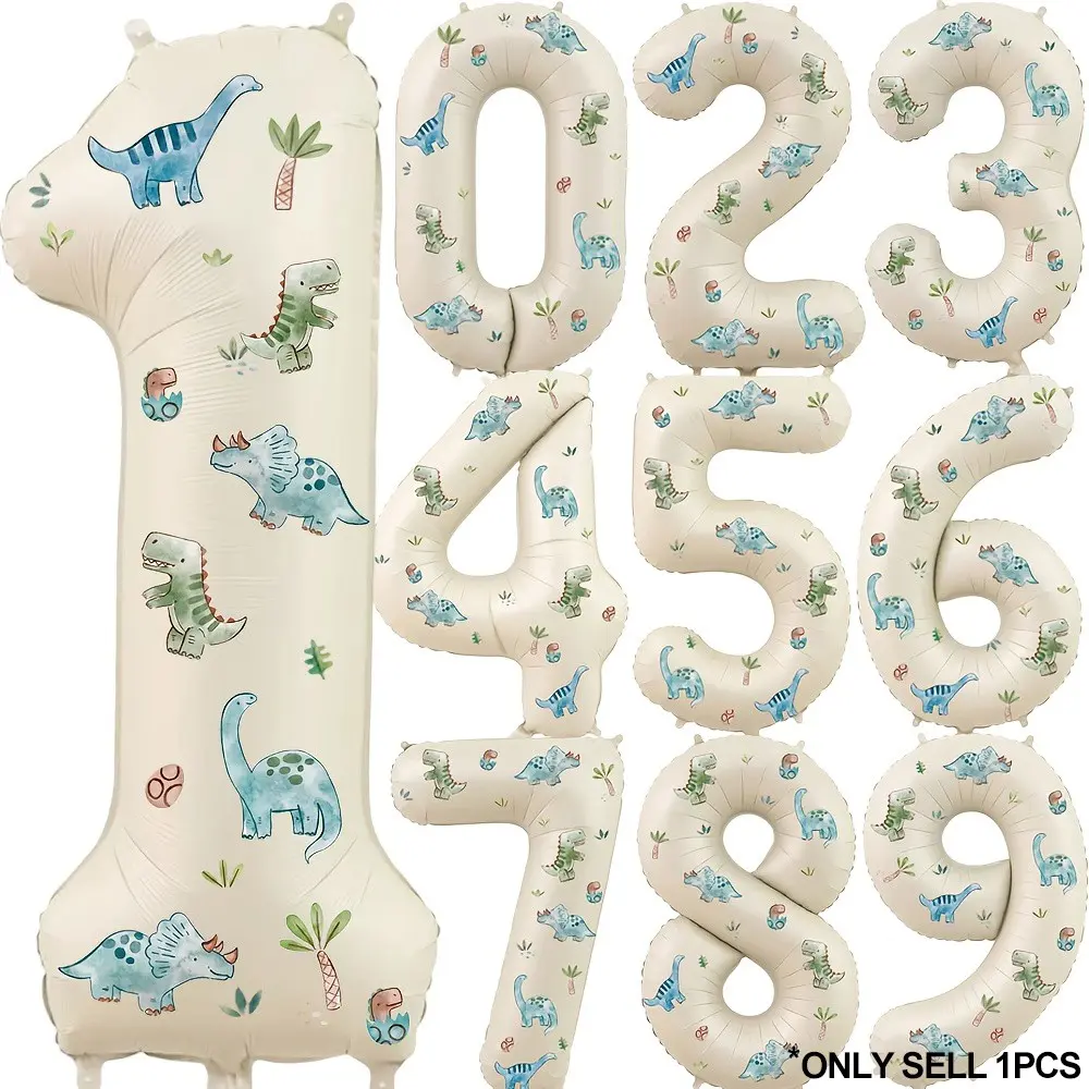 81.28cm creamy white aluminum foil digital balloon set, 1-9 digits with dinosaur stickers, reusable decoration, suitable for dinosaur themed birthdays, anniversaries, outdoor and seasonal parties