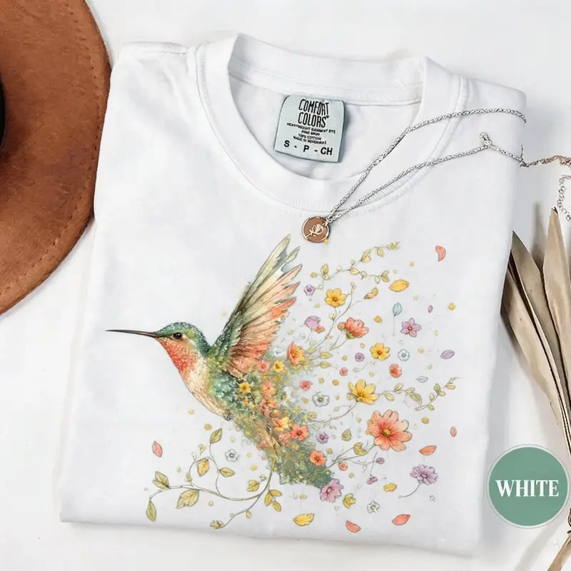 Comfort Colors Hummingbird Wildflower T-Shirt, Cottagecore Floral Tee, Watercolor Bird Lover Gift, Botanical Nature Garden Top, Boho Spring