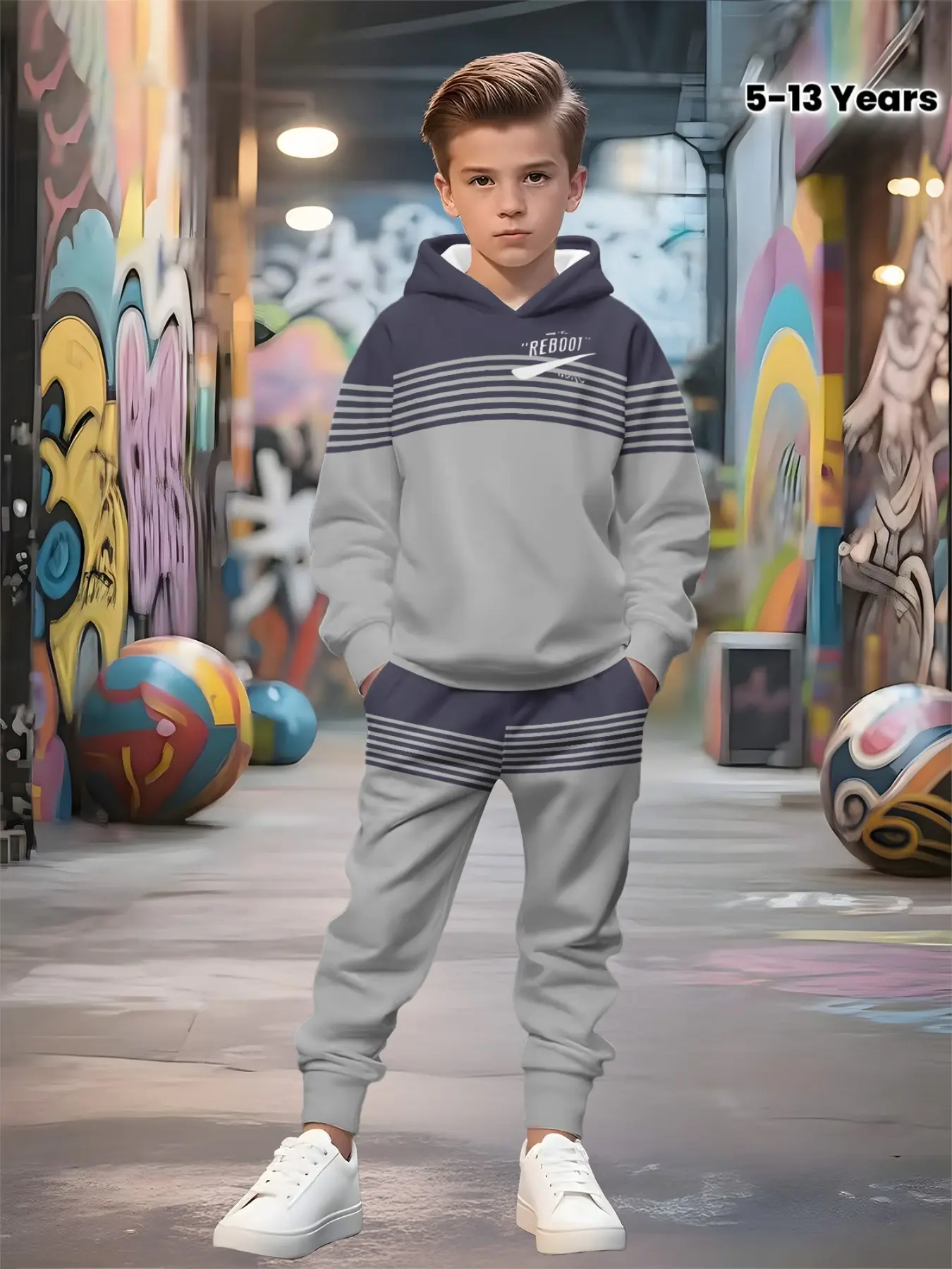Boys' Hooded Sweatshirt Set, Colorblock Stripes, Reboot Print, Casual Sportswear, Two-Piece, Long Pants, Fall & Winter