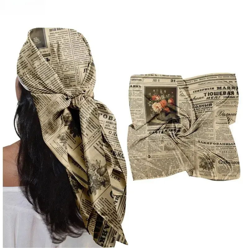 Vintage Newspaper Print Square Scarf, Soft Breathable Multi-Use Head Wrap Bandana, Retro Aesthetic Fashion Accessory, Lightweight Stylish Scarf for Women Daily Wear, Outdoor Travel, Summer Vacation and Casual Outfit Styling key, Polyester, Everyday