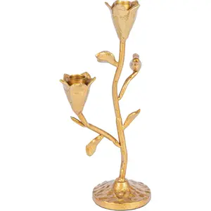 Hand-Forged Cast Iron Candelabra with Flowers and Bird, Gold