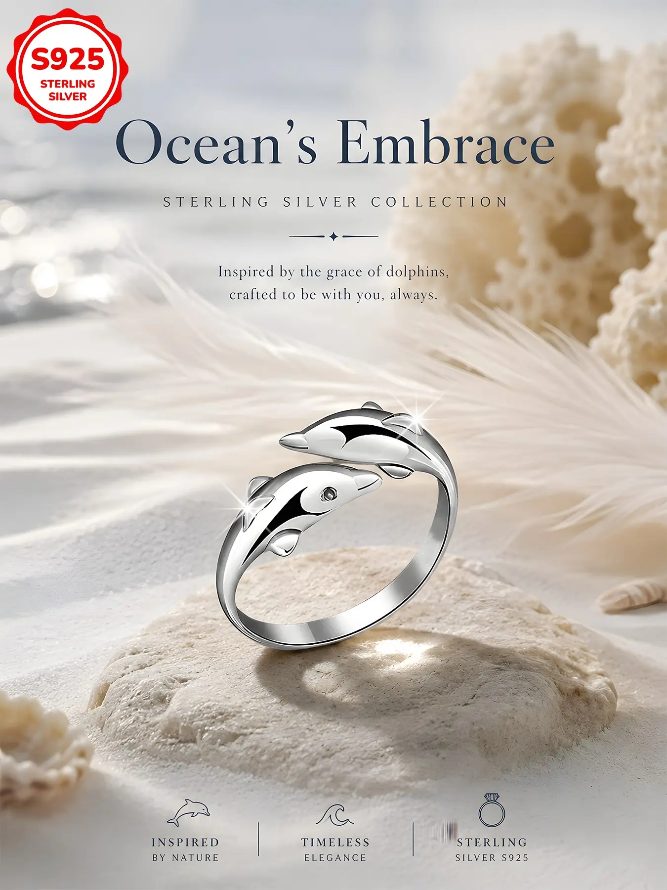 Women's S925 Silver Dolphin Shape Open Ring, Fashion Rings, Adjustable Fashion Jewelry, Hypoallergenic, Perfect for Daily Wear, Gift for Valentine's Day Birthday