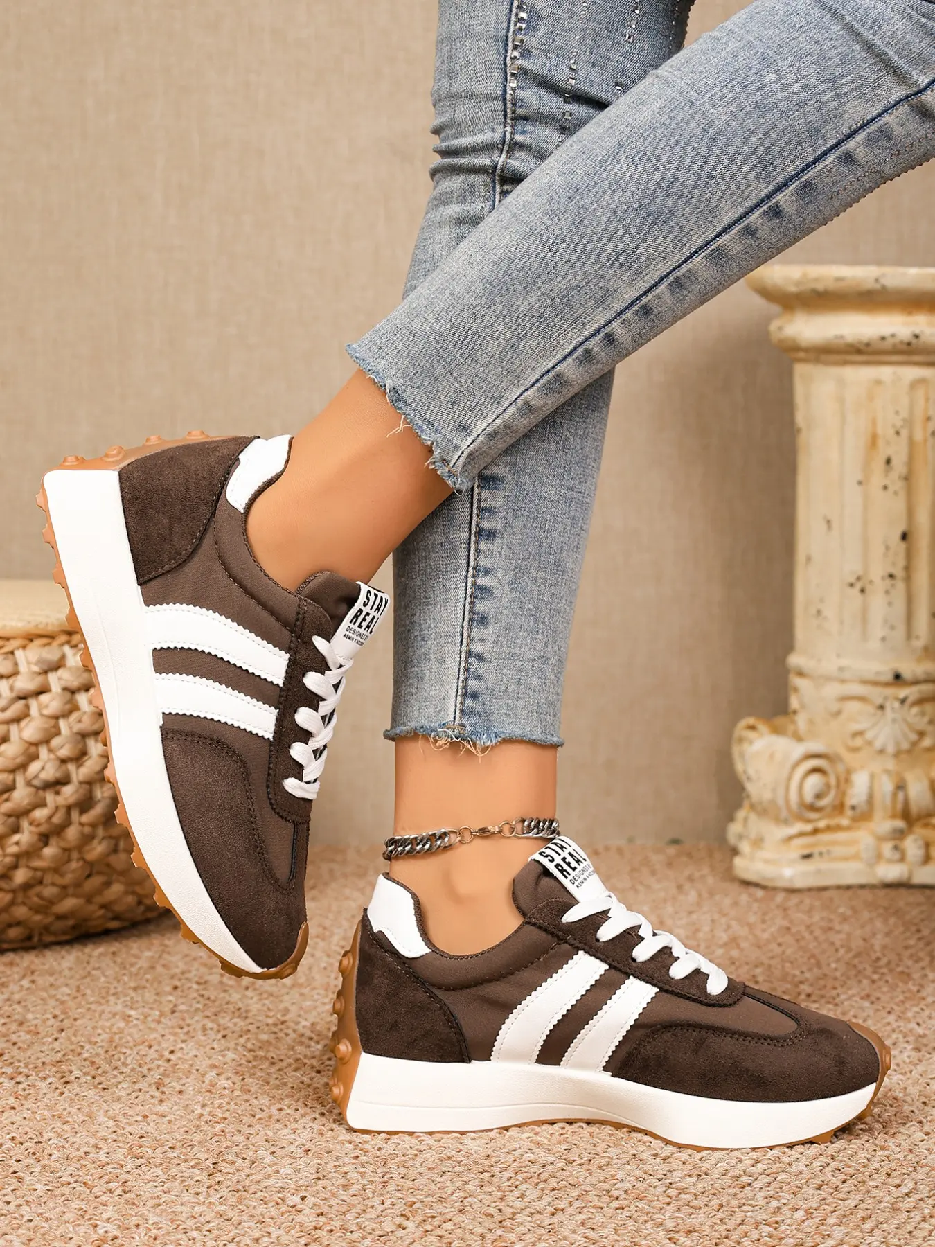 Women's Retro Agony Shoes, Chocolate Suede, Anti-Slip Thick Sole, Breathable Lightweight, Casual All-Season Trainer Sneakers