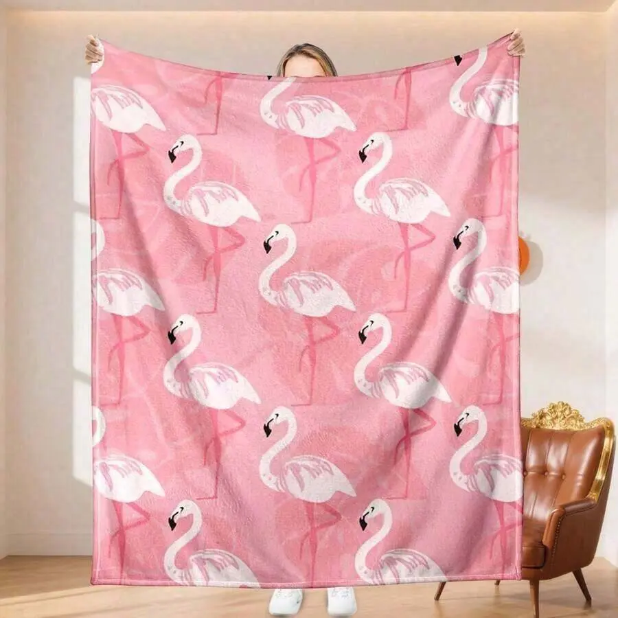 Pink Gradient Flamingo Double Sided Flannel Blanket Soft Plush Warm Throw Blanket, Tropical Pink Bird Minimalist Decorative Couch Bedroom Nap Blanket, Giftable Flamingo Lover Summer Beach Comfort Blanket for All Seasons