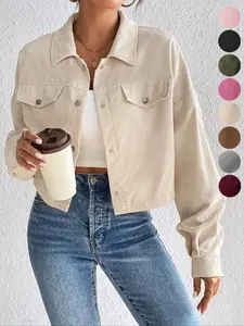 Women's Plain Button Front Drop Shoulder Jacket, Casual Pocket Design Long Sleeve Woven Corduroy Jacket for Fall & Winter