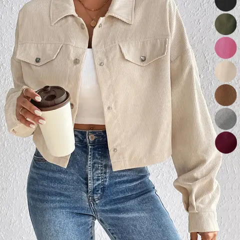 Women's Plain Button Front Collared Drop Shoulder Jacket, Casual Pocket Design Long Sleeve Corduroy Jacket for Fall & Winter