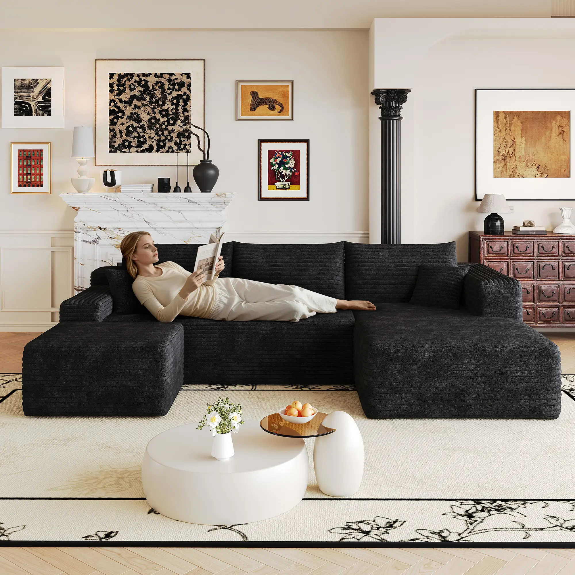 ARCH 103" Cloud Sectional Sofa, Modern Minimalist L Shaped Couch, Plush Corduroy Fabric, Deep Seat Corner Sofa, 4-Seat Living Room Furniture, No Assembly Required, Black, Black Color Options, Fabric Material, 4 Seat Seat Count, Product Dimensions:
