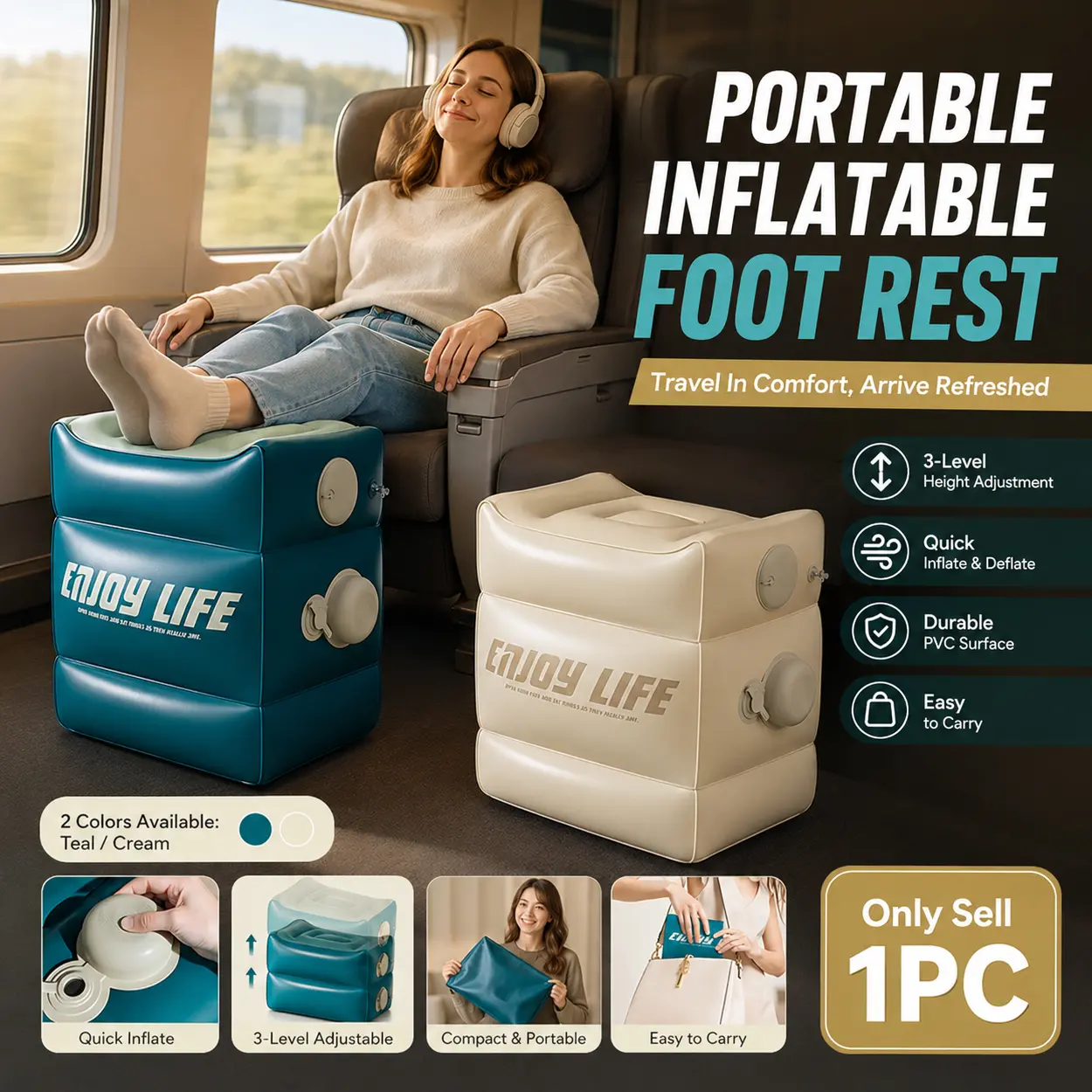 Portable Inflatable Foot Rest Stool Foldable PVC Travel Step Stool with Quick Inflate Valve, 3-Level Adjustable Footrest 40x30x50cm, Lightweight Mini Pouch Design for Airplane Train Car Office Nap Home Shower Camping Travel Comfort