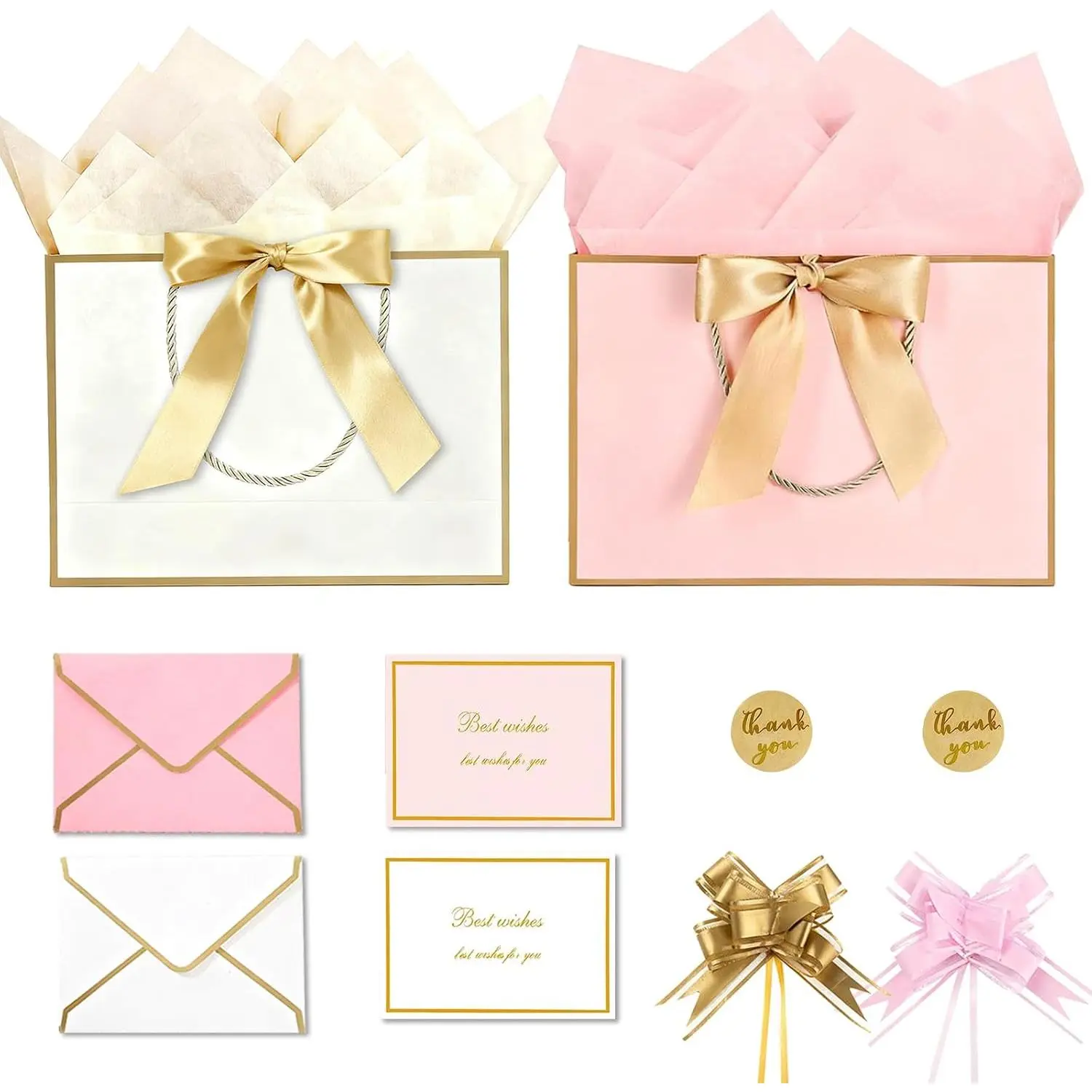Large  Bags,2Pcs Paper  Bag with 4 Tissue Paper and 2 Greeting Cards, Present Bags with Handles for Women Girls Bridesmaid Birthday Valentines Wedding Party, Mother's Day, Father's Day (12.6" x 9.84" x 4") (White-)