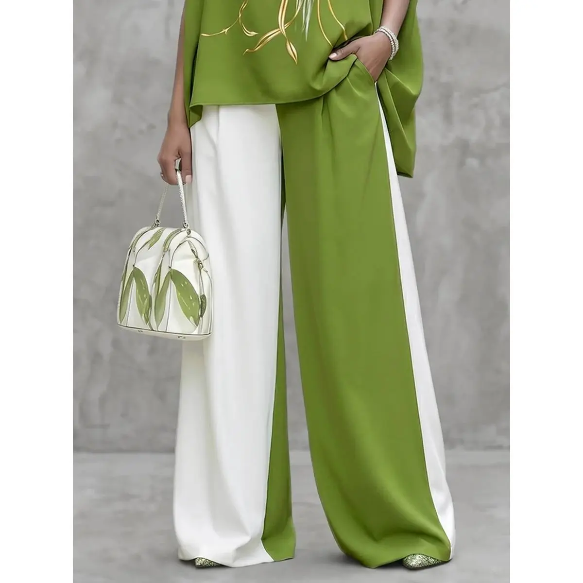 High Waisted Wide Leg Contrast Color Pockets Casual Pants Bottoms Trousers