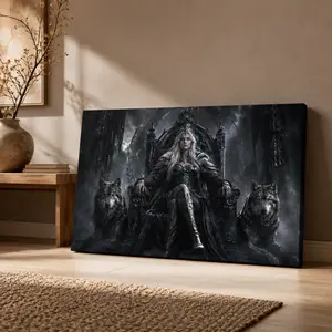 Dark Fantasy Queen with Wolves Horizontal Canvas Wall Art, Gothic Royalty Poster, Home Decor for Living Room Bedroom Entryway, Available as Unframed Canvas Poster or Framed Canvas Wrap