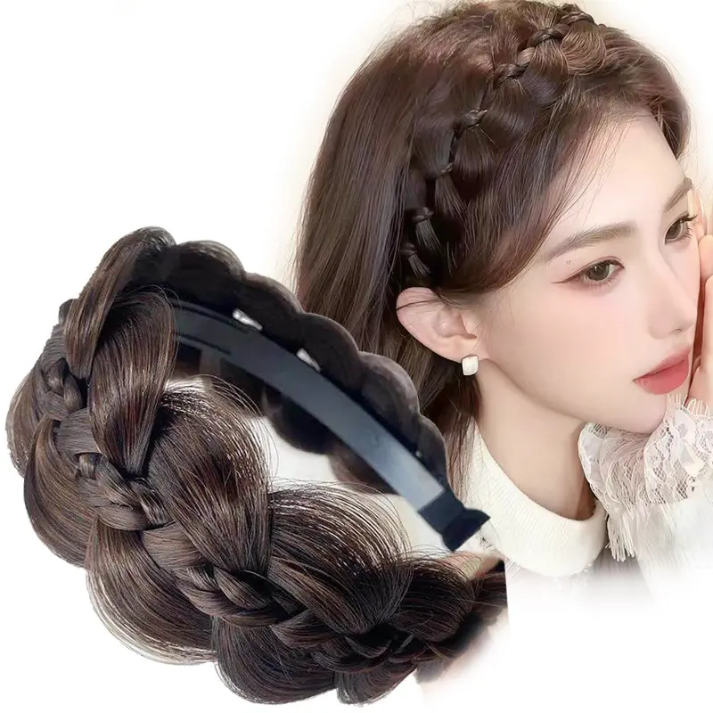 Handmade Synthetic Braided Wig Headband for Women, Thick Fishtail & Twist Braid Hair Band, Fluffy High Cranial Top Hairpiece, Fashion Hair Accessories to Cover Gray Hair Daily Wear