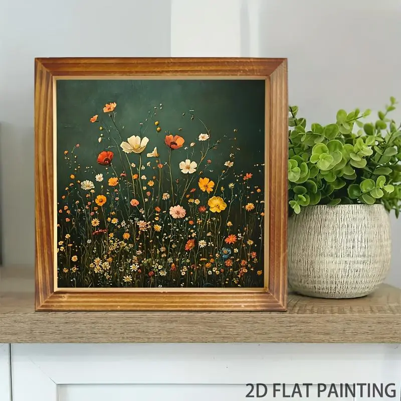 1pc Wildflower Field Art Wood Sign - Rustic Framed Wall Decor with Vibrant Wildflower Meadow & Blooming Plants, Wood Grain Frame, 8x8 Inch Botanical Wood Plaque for Spring Gifts, Farmhouse Living Room or Office Desk Decoration
