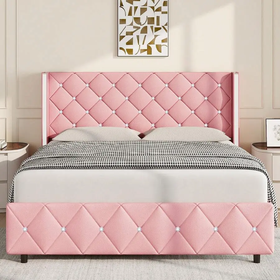 Bed Frame With Wingback Headboard, Upholstered Bed Frame With Diamond Headboard And Footboard, Faux Leather Modern Bed Frame, Easy Assembly, Purple/ Blue/ Pink/ White/ Black/ Green, Twin/ Full/ Queen/ King