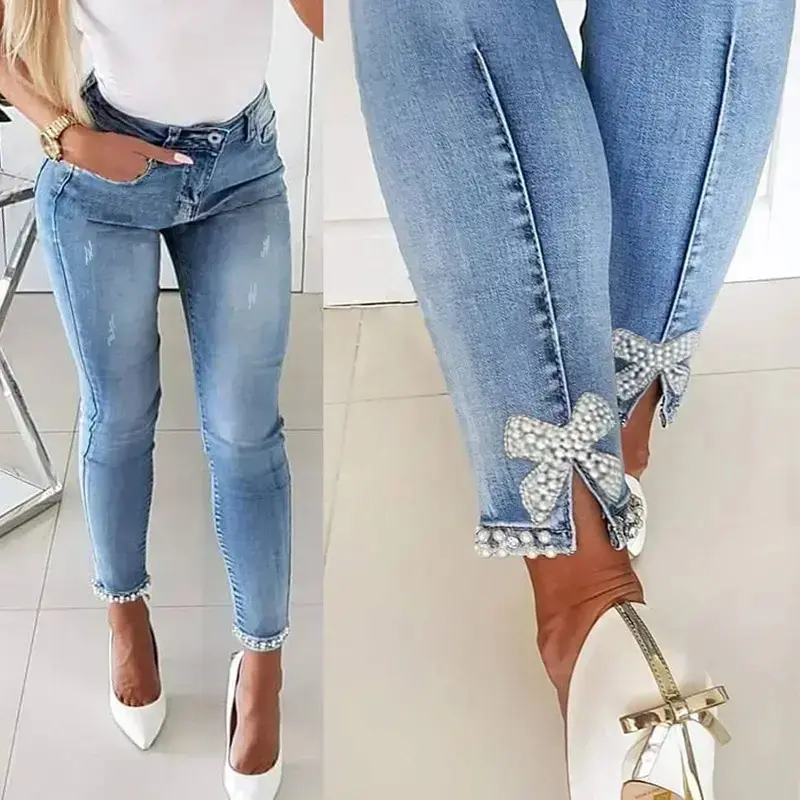 2026 Women's Slim Fit Jeans Butterfly Sticky Bead Thin Foot Pencil Pants Sexy Spring Top Denim Bottom Cotton Women's Fashion Cotton Pants Gorgeous Fabric Legs