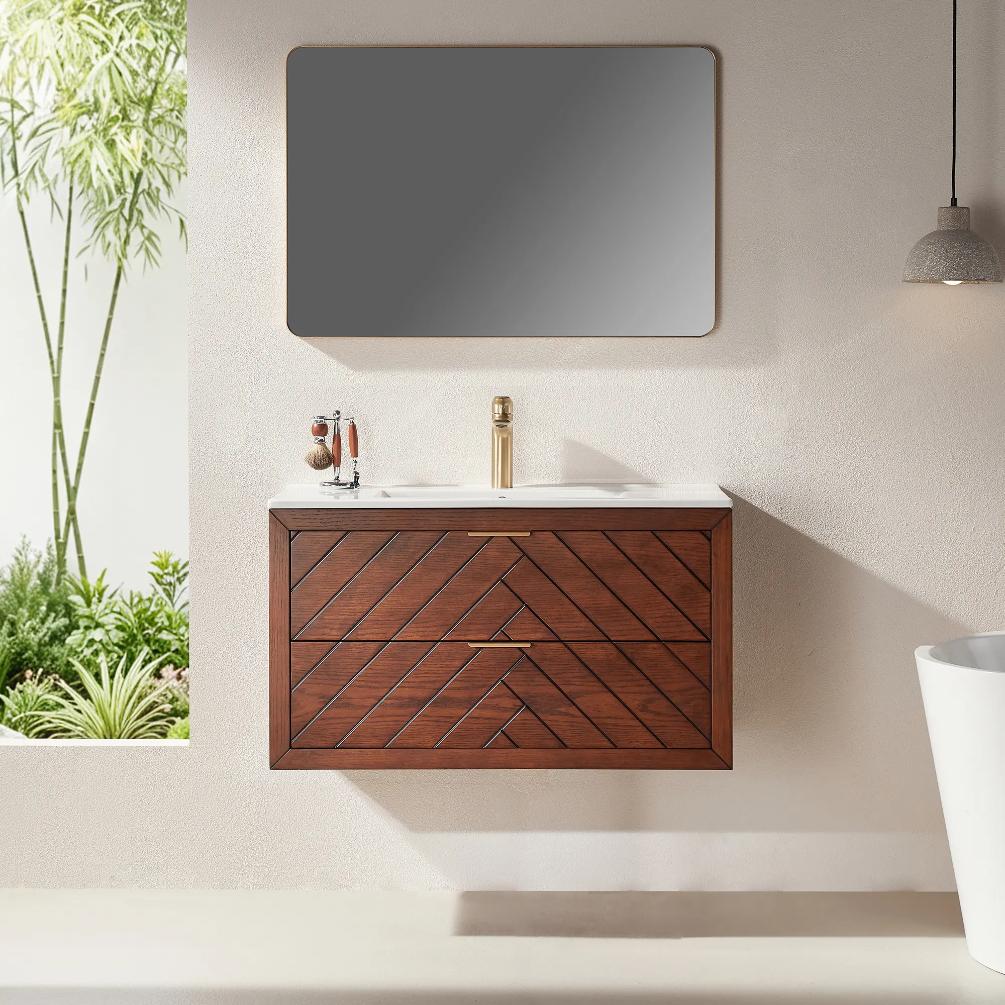 ARCH 36-Inch Wall-Mounted Floating Bathroom Vanity Cabinet with Ceramic Sink Top, Natural Walnut Plywood, Pre-Assembled Single Vanity with 2 Drawers, Modern Wall Hung Bathroom Storage Cabinet for Bathroom Organization, Natural Walnut Color Options