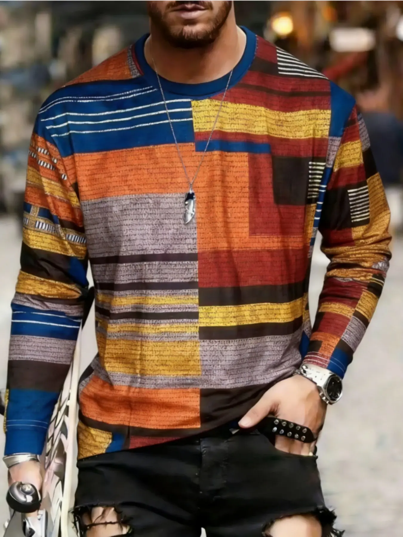 Men's Geometric & Camo Pattern Round Neck Long Sleeve T-Shirt, 3D Camouflage Print, 100% Polyester, Casual Fit, Fall&winter Wear, Streetwear